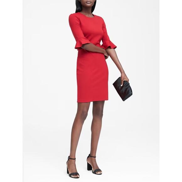 BANANA REPUBLIC Red Flutter Sleeve Ponte Sheath Dress // 4 - Picture 1 of 8